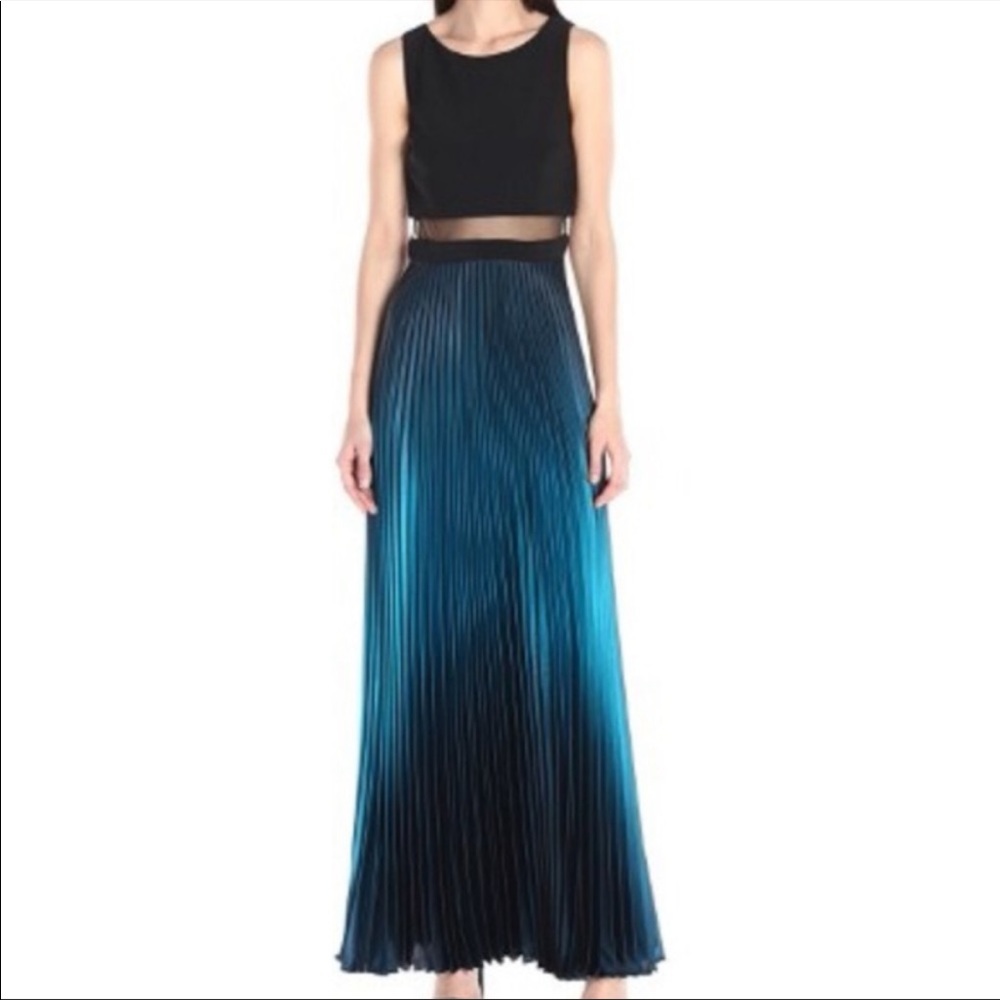 Betsy & Adam Ombré Black Blue Green Pleated Long Prom Homecoming Dress 8